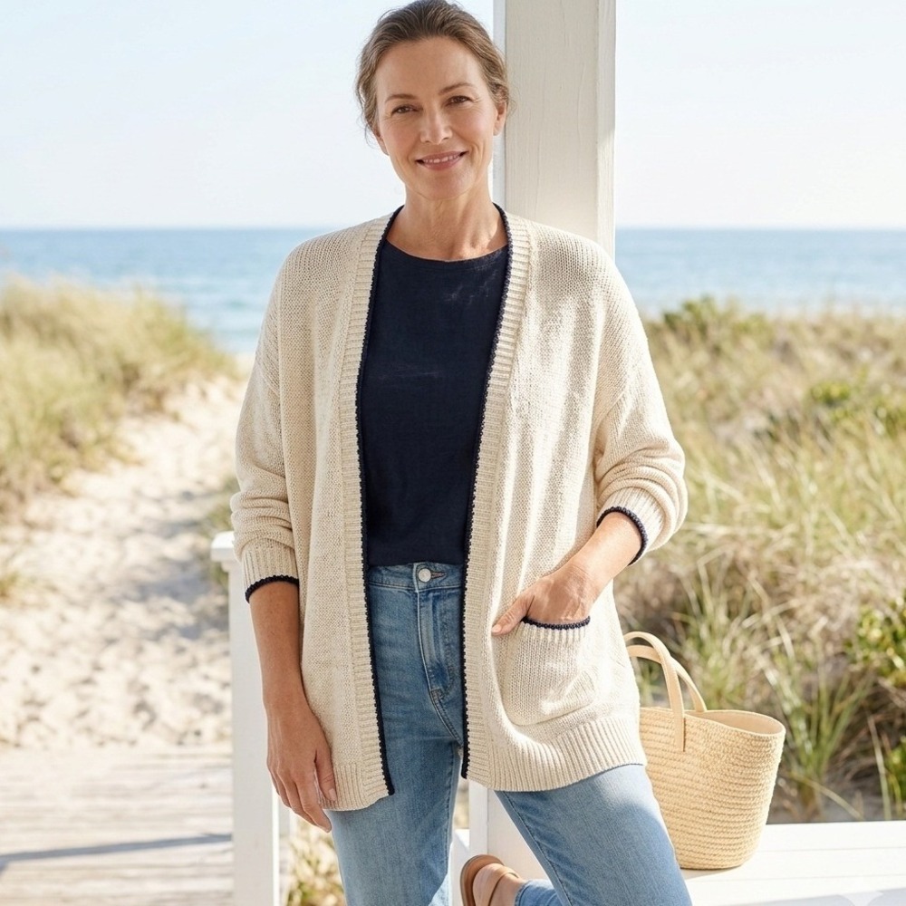 J.Crew Open Front Beach Cardigan Women XL Natural Navy Nautical Trim Coastal NEW